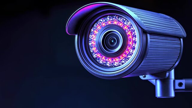 vibrant surveillance camera with colorful lights against a dark background - Powered by Adobe