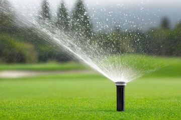 Water sprinkler sprays water on a green lawn, watering system on the golf course, keeps the grass lush and green.