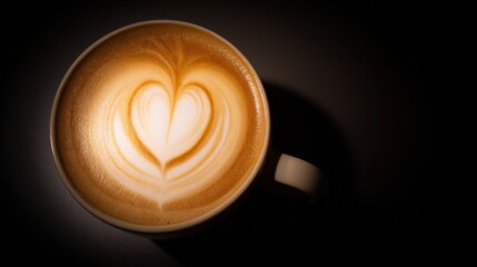 White-rimmed coffee cup with a rich brown latte featuring a heart-shaped art design, set against a dark background highlighting smooth texture and inviting contrast.