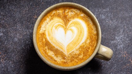 Speckled ceramic mug with frothy latte art heart, golden-brown coffee, white foam, on dark textured rustic surface, warm inviting atmosphere.