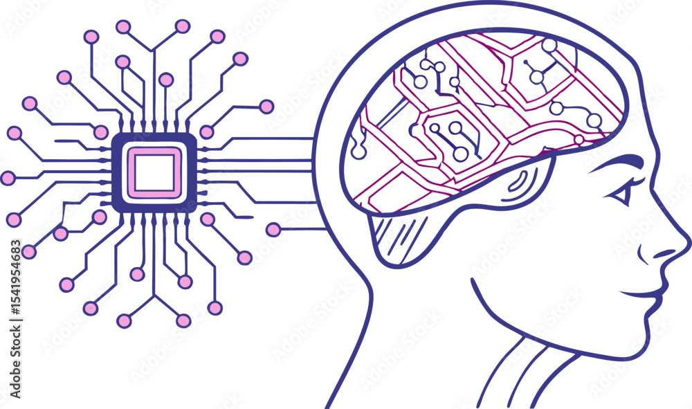 Poster illustration of a human head with a brain depicted as a circuit board connected to a computer chip d
