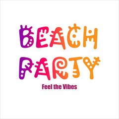 Playful and colorful “Beach Party” typography in funky gradient letters with abstract shapes – perfect for summer event posters, party flyers, or fun tropical celebration visuals.