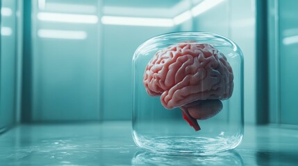 A striking visual of a human brain displayed in a transparent jar, symbolizing the exploration of human consciousness and scientific inquiry in a modernistic setting.
