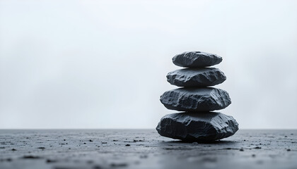 Stack of balanced grey stones on dark surface