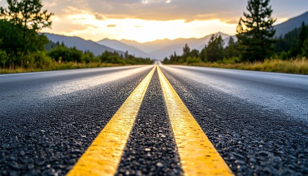 Highly detailed low angle macro photography of a wet asphalt road with bright yellow center lines, glowing in the setting sun at golden hour