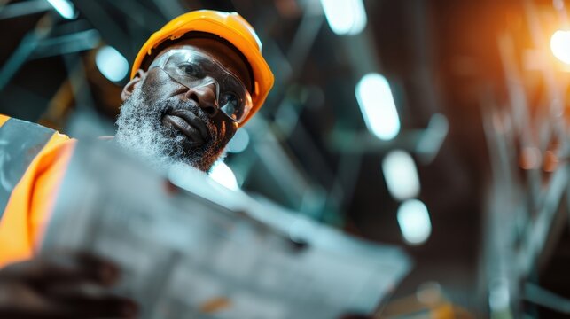 A construction worker examines blueprints with intensity, showcasing determination and focus in a bustling industrial environment filled with machinery and tools.