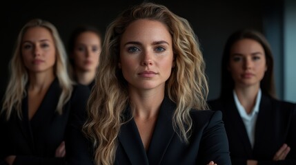 A confident woman stands at the forefront of a group, displaying strength and unity among professional peers in a contemporary setting, embodying leadership and empowerment.