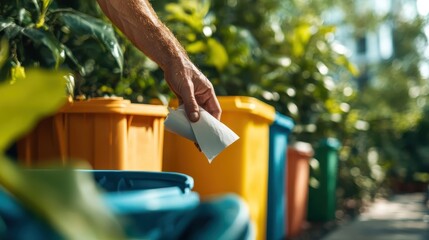 This enlightening image shows a hand throwing waste into bright colored bins in a lush garden, promoting environmentally friendly practices and encouraging recycling in daily life.