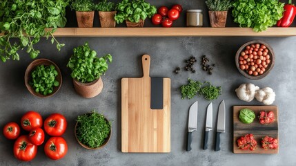 Compact studio kitchen with open shelving, herb planters and magnetic knife strip, flat lay, slate and cream