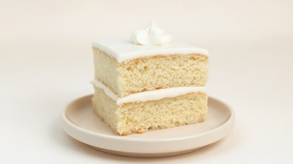 A sweet confection A square slice of fluffy vanilla cake, adorned with frosting, perched on a petite plate.