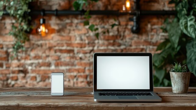 A modern and minimalist workspace featuring a sleek laptop and smartphone against a rustic brick wall, emphasizing the blend of technology and natural elements in our daily lives.
