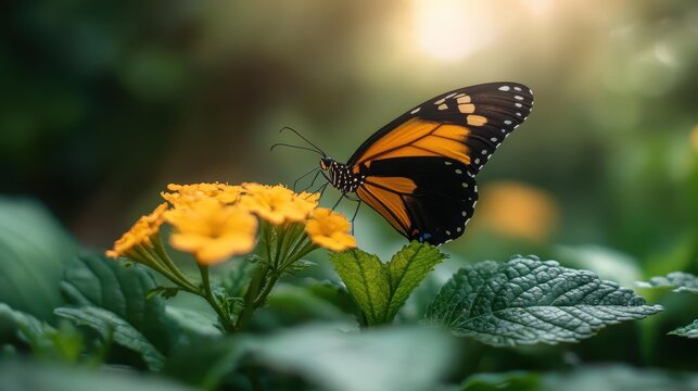 A stunning butterfly perches gracefully on a vivid yellow flower, highlighting the beauty of nature and its vibrant colors, creating a mesmerizing moment of serenity and elegance.