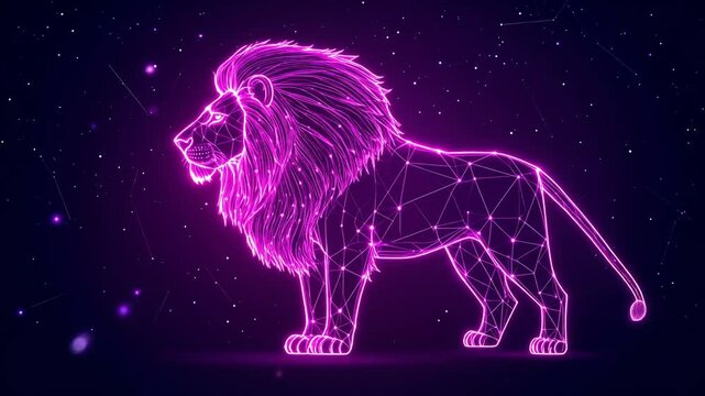 A glowing, magenta lion silhouette, formed by interconnected lines and points, against a starry night sky background