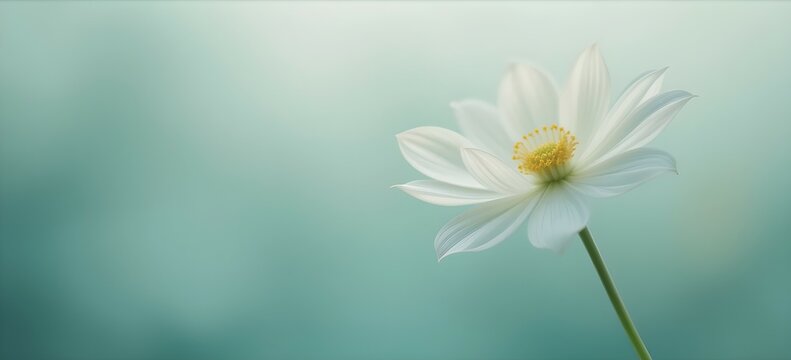 Single white flower on teal background