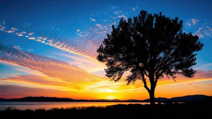 Fototapeta premium Silhouetted Tree Sunset Vibrant Orange Yellow Blue Sky Landscape
