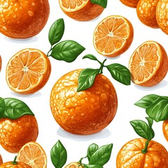 Juicy Oranges Seamless Pattern Fresh Citrus Fruit Background with Leaves and Slices