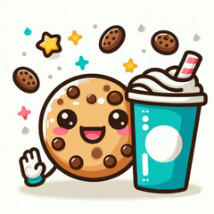 A cartoon cookie with a cheerful expression stands beside a drink with whipped cream
