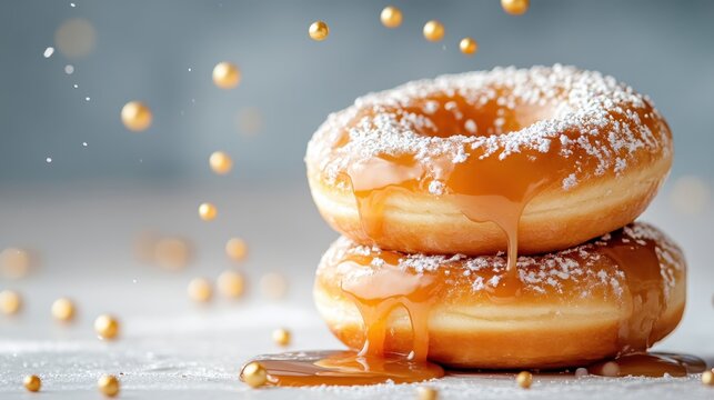 This mouth-watering image showcases a stack of soft donuts drizzled in caramel sauce and dusted with powdered sugar, illustrating indulgence and the sweetness of life in a delightful way.