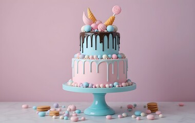 Two tiered pastel cake with candy decorations