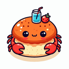 A cartoon crab orange with red claws has a drink and strawberry on its head