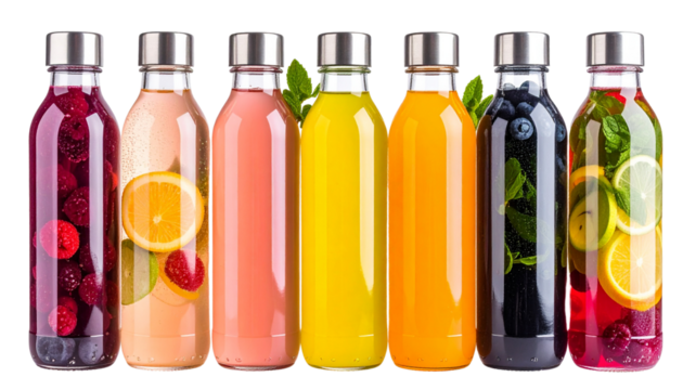 Vitamin-Infused Water Bottles in Gradient Color Scheme isolated on transparent background. Png