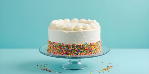 Delicious white cake with rainbow sprinkles on cake stand