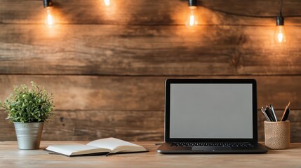 A well-organized workspace featuring a laptop, notebook, and plants, illustrating the importance of a comfortable and conducive environment for productivity and creativity.