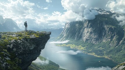 Lone hiker gazing at fjord from rocky cliff under moody clouds