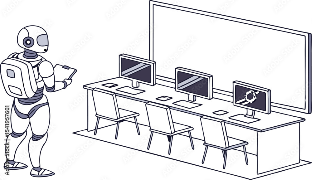 Poster a robot stands in front of a computer lab with a whiteboard and several computers on a long desk are