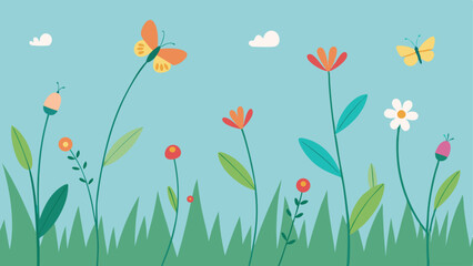 Colorful illustrated spring meadow scene with butterflies and flowers on transparency