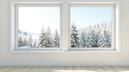 Obraz premium White Interior Wall With Double Window Displaying Snowy Mountain Landscape and Trees