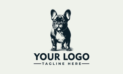 Illustration of a standing French Bulldog with logo text below, in a vintage engraved style.