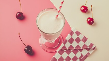 Flat lay of a retro American diner counter scene: milkshake glass, checkered napkin, cherry red and cream tones