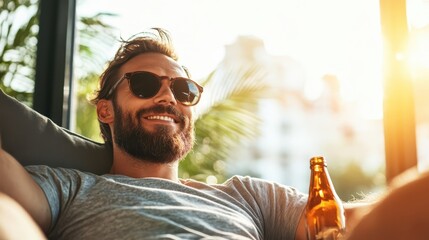 A relaxed man lounges in a sunlit space, enjoying a beer while embodying the joy of leisure and the positive vibes of a carefree lifestyle.