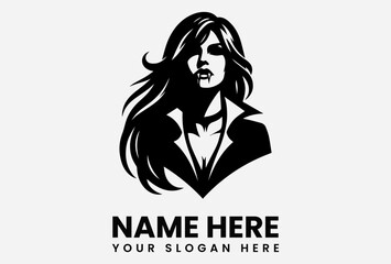 Silhouette of a woman with flowing hair and fangs, a vampire logo.