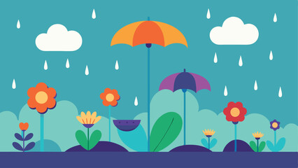 Colorful rain scene with flowers and umbrellas in flat illustration style