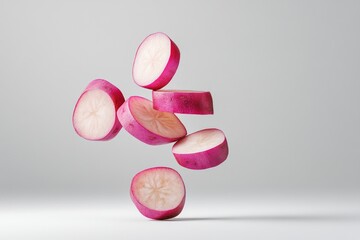Slices of radish floating in mid-air on white background