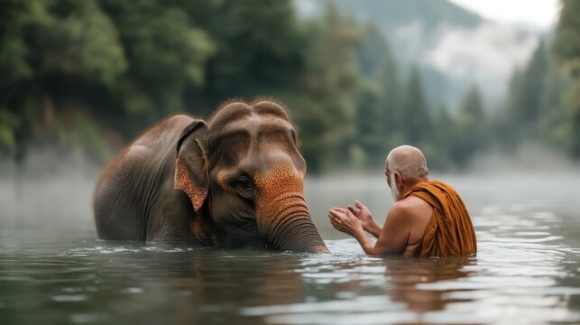 An elderly monk interacts with a majestic elephant in a misty water setting, symbolizing harmony between humans and nature, showcasing wisdom and tranquility in the moment.