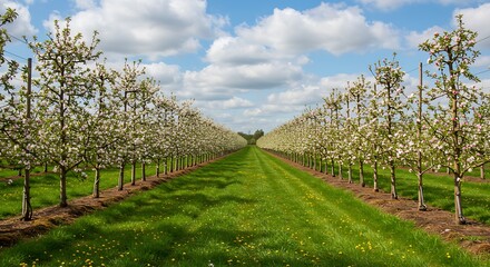 Obraz premium Blossoming Orchard Rows in Springtime Sunlight