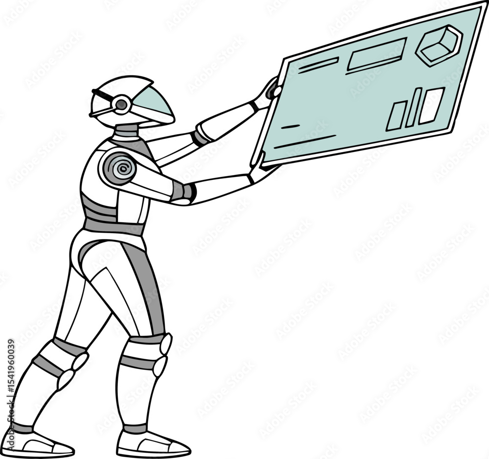 Poster illustration of a futuristic robot holding a large screen with data visualizations and cube icon des