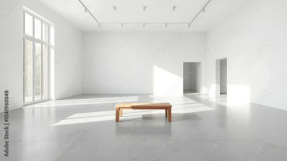 Poster open space with natural illumination filtering in to highlight central wooden structure on pale floo