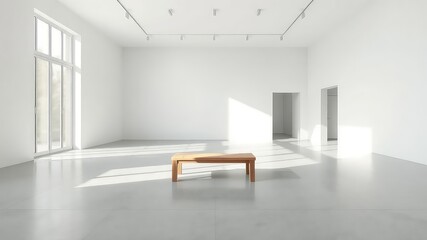 Open space with natural illumination filtering in to highlight central wooden structure on pale floor