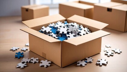 A cardboard box overflowing with colorful puzzle pieces, scattered on a wooden table, soft light