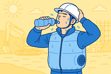 空調服を着て水分補給する作業員の熱中症対策シーン