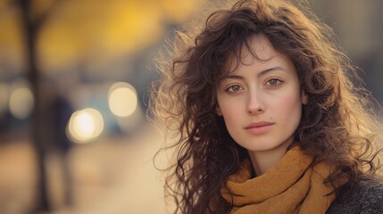 Naklejka premium Young woman with curly hair, a portrait of quiet confidence and natural beauty