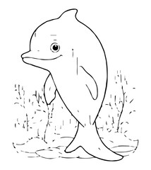 A cartoon dolphin stands among seaweed depicted in a simple black and white line drawing