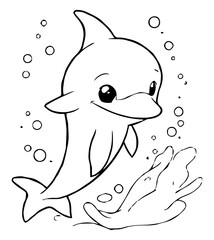 A cartoon dolphin outlined leaping from water with bubbles surrounding it
