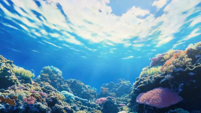 Scuba divers exploring vibrant coral reef under tropical sky.