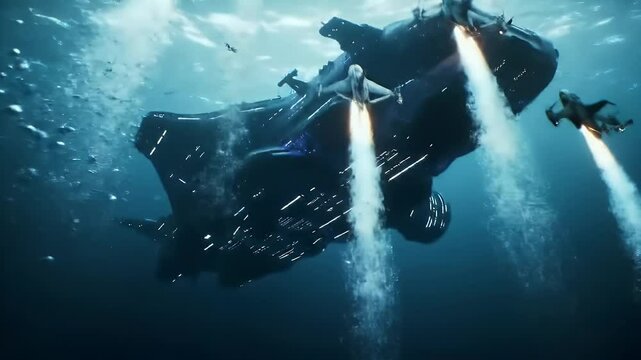 Underwater futuristic spacecraft maneuvers in dynamic underwater scene with propulsion jets