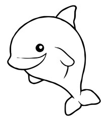 A cartoon dolphin with a fin tail eye and smile is drawn in black lines on a white background